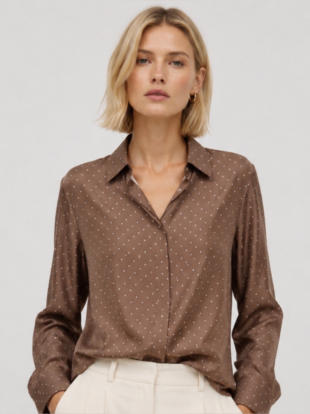 Theory Silk Button Down Blouse in Warm Taupe Brown